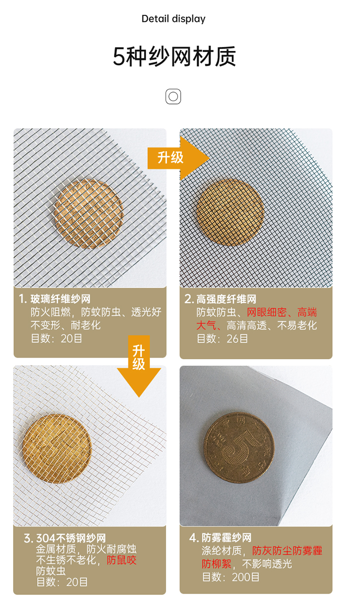 纱窗网有五种纱网材质可选