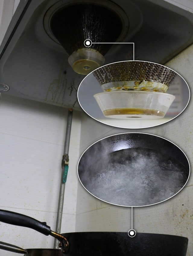 利用其水蒸汽对中式油烟机滤网和机罩下部进行熏蒸